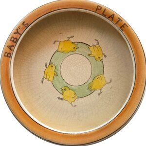 Vintage Roseville Ceramic Babys Plate With Yellow Chicks In Green Circle Design